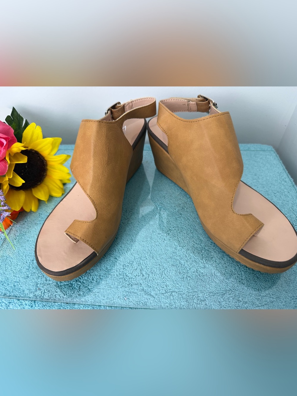 Women's Tan Platform Wedge Sandals with Ankle Strap